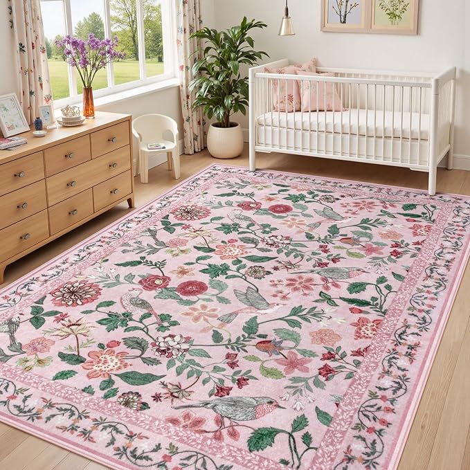 Pink Floral 5x7 Area Rug, Washable Non-Slip Boho Rugs for Living Room Low Pile Flower Birds Bedroom Rug, Soft Non-Shedding Botanical Indoor Carpet for Nursery Playroom Dining Room