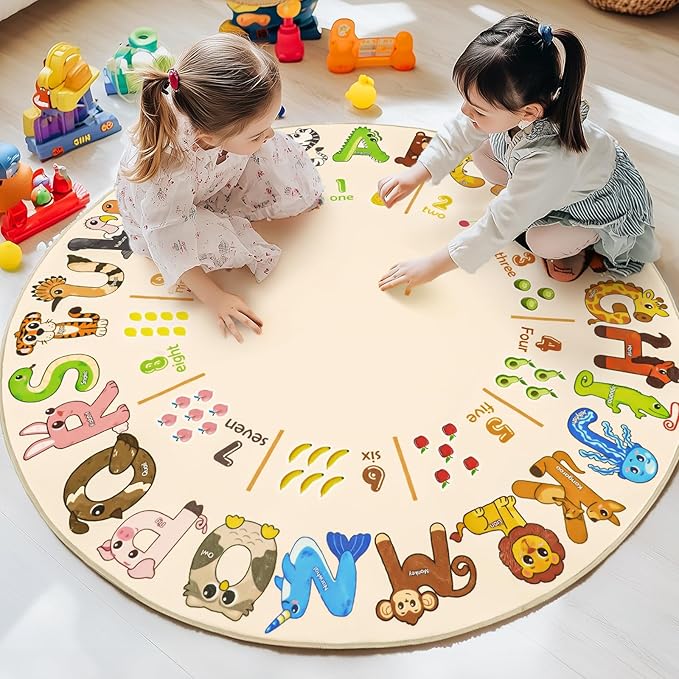 Kids Rugs for Playroom, 5'x5' Round Educational Rug for Learn The ABC Alphabet, Soft Machine Washable Non-Slip Cute Animal Carpet for Classroom Toddler Nursery Kids Room Decor Mat, Beige