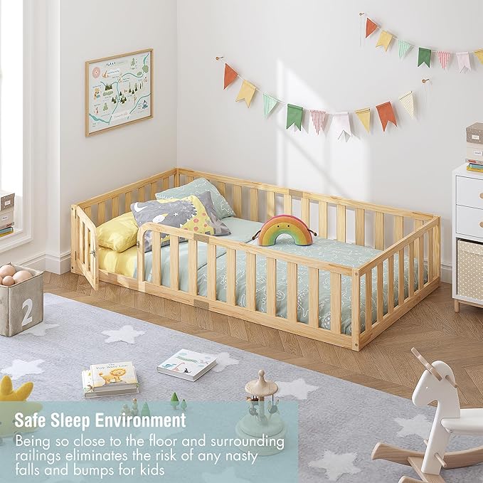 Spirich Twin Size Kids Floor Bed Frame with Fence and Door, Solid Wood Montessori Floor Bed for Kids with Safety Guardrails, Twin Bed Frame for Boys and Girls, Natural