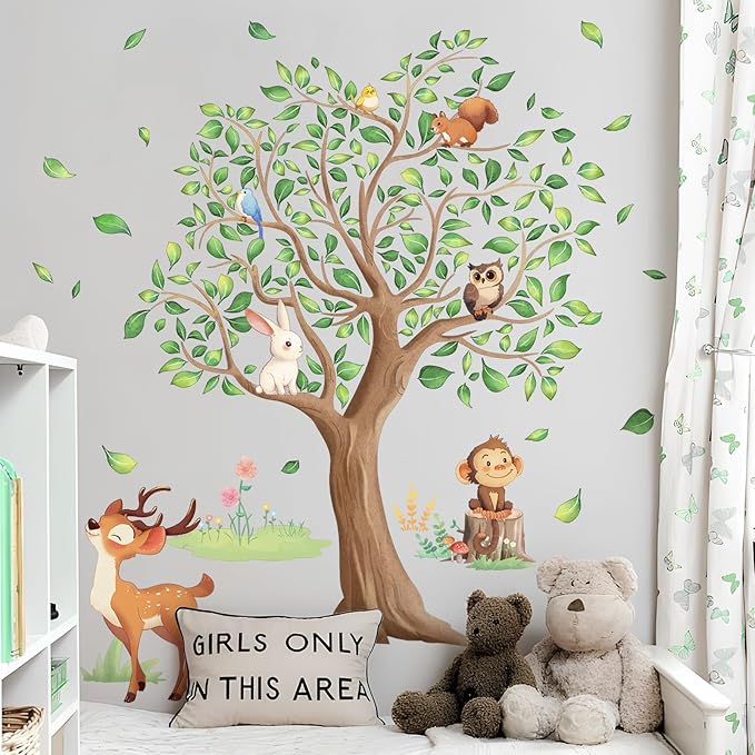 Tanlaby Jungle Animals Large Tree Wall Stickers Cartoon Animal Monkey Deer Wall Decals Peel and Stick Art Decor for Baby Nursery Kids Bedroom Playroom Toddler Room (H: 54 in)