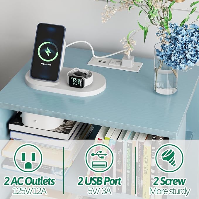 Night Stand with Charging Station, Blue Kids Nightstand with Drawer, 2-Tier Nursery Bedside Table with USB Ports and Outlets, End Table for Small Space, Living Room, Bedroom