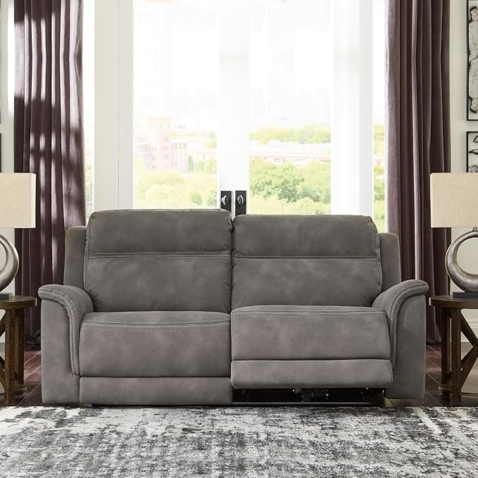 Signature Design by Ashley Next-Gen DuraPella Power Reclining Sofa, USB, Extended Ottoman, Water Repellent Faux Leather, 80" W x 42" D x 42" H, Slate Gray