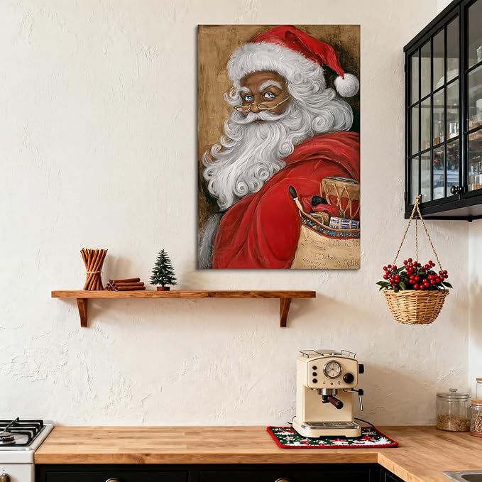 YONICA Christmas Canvas Wall Art Vintage Santa 36x46 Inch Retro Gift Bag with Toys - Large Framed Gallery Wrapped Traditional Decor