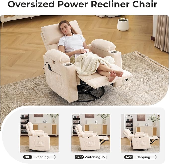 Rocking Chair Nursery with Adjustable Armrests, Electric Glider Recliner Nursing Chair for Breastfeeding with Ottoman, Power Swivel Recliner Chairs with Massage and Heat, Beige