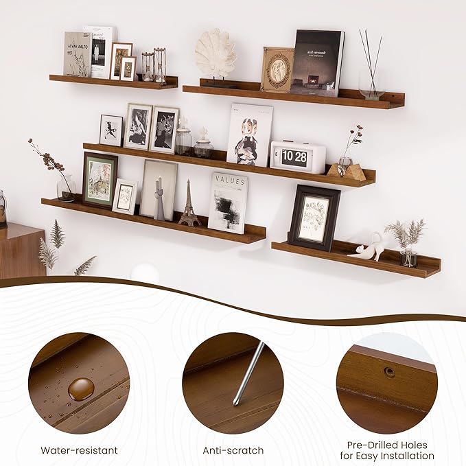 Fun Memories Picture Ledge Shelf, Pine Wood Floating Shelves Set of 2, 48 inch Nursery Book Shelves, Photo Ledge Book Shelves Wall Mounted for Living Room Kids' Room Bedroom - Walnut