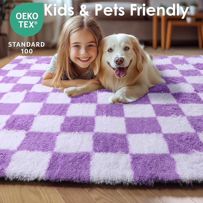 KICMOR Purple Rugs for Living Room Bedroom, Fluffy Soft Checkered 5x8 Area Rug Fuzzy Shag Shaggy Carpet, Indoor Furry Plush Floor Rugs for Kids Girls Boys Baby Teen Dorm Nursery Home Decor Aesthetic