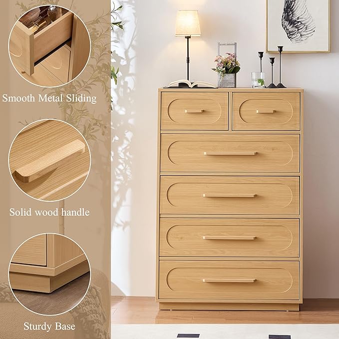 6 Drawers Dresser for Bedroom, 44" Tall Mid Century Modern Chest of Drawers with Solid Wood Handle, Large Wood Storage Dresser Organizer for Bedroom, Living Room, Natural Oak
