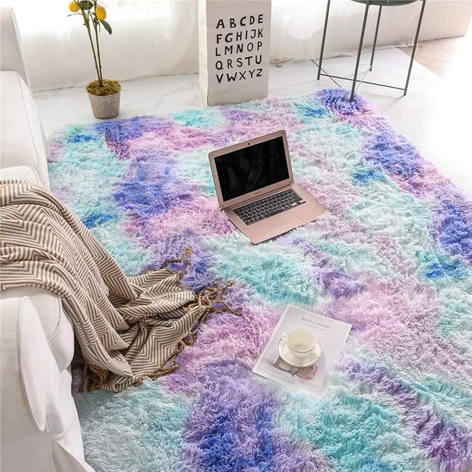 DweIke Fluffy Rainbow Rugs for Bedroom Living Room, 6x9 Large Soft Plush Shaggy Multicolor Blue Purple Girls Boys Kids Rug, Non-Slip and Machine Washable Carpet for Dorm Nursery Classroom Decor