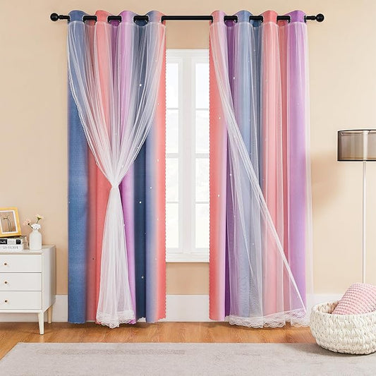 XiDi Girls Curtains for Bedroom 90 Inches Long 2 Panels Grey Pink Purple Rainbow Blackout Curtains for Little Girl Kids Room Decor Living Room, Princess Unicorn Wall Decals Drapes 52x90
