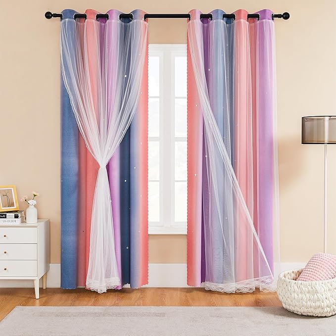 XiDi Girls Blackout Curtains for Bedroom Decor 54 inches Long Window Curtains Colorful Rainbow Design 2 Panel Sets, Kids Room Unicorn Princess Theme Home Decor Ombre Drapes Grey/Pink/Purple W34 X L54