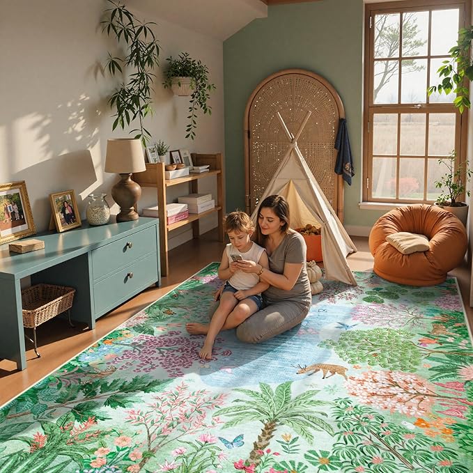 Lahome Spring Jungle Carpet, 9x12 Green Area Rug for Bedroom Large Living Room Area Rug, Soft Botanical Carpet for Kids Room, Washable Non Slip Non Shedding Indoor Mat for Dining Room Playroom