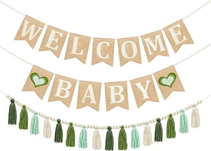 Baby Shower Burlap Pennant Banner Flag Felt Welcome Baby Sign Ombre Sage Green Heart and Olive Green Tassel Garland with Beads for Neutral Baby Shower Hello Baby Welcome Baby Party Decoration Supplies