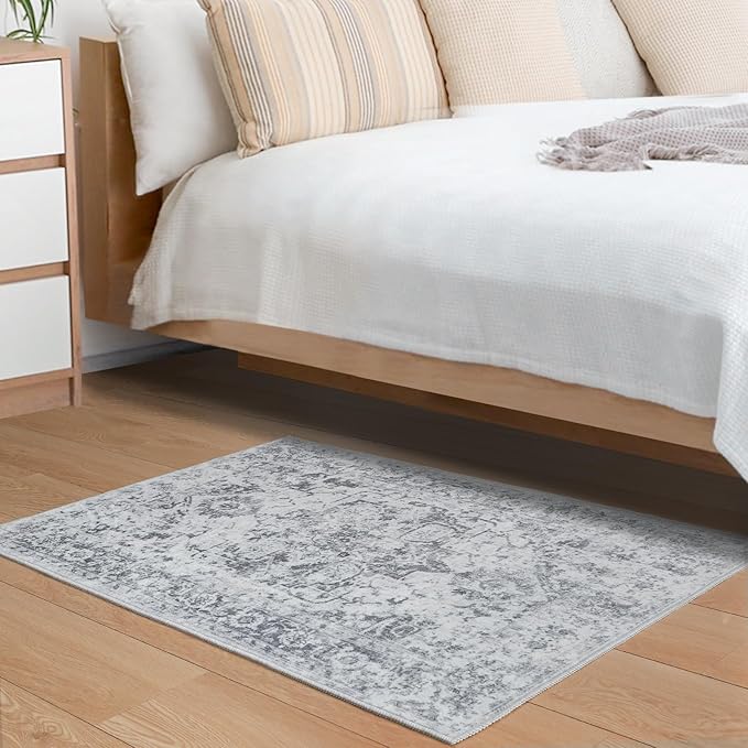 Area Rug 2x3, Washable Rug for Entryway Indoor, Small Area Rug for Living Room Entrance, Vintage Rug for Bedroom Doormat, Non Slip Soft Low Pile Carpet for Kitchen, Hallway, Office, Grey