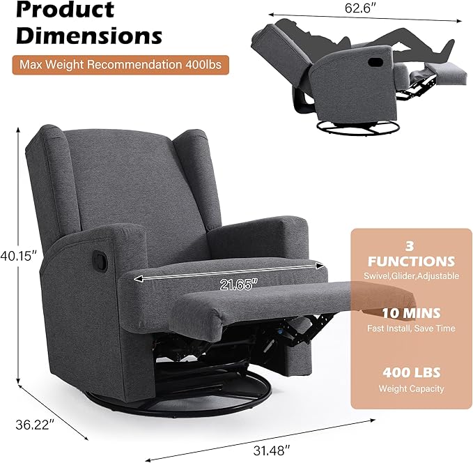 UIXE Swivel Glider Recliner Chairs Set of 2, Fabric High Back Accent Chair Nursery Rocker for Living Room, Upholstered Manual Reclining Sofa Seating with Deep Seat - Charcoal Gray