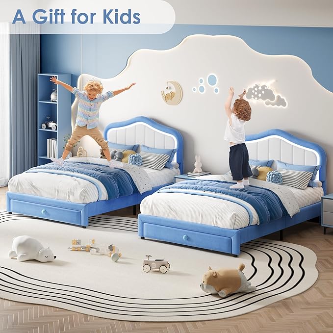 GarveeHome Upholstered Full Size Bed Frame with Led Lights and Storage Drawer, Cute Velvet Led Bed Frame with Headboard for Kids, Girls, Boys, No Box Spring Needed, Wooden Slats, Noise Free, Blue