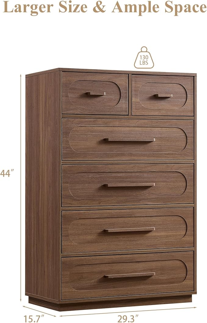 Walnut 6 Drawer Dresser for Bedroom, 44" Tall Dressers & Chest of Drawers with Solid Wood Handle, Wood Storage Dressers Organizer for Bedroom, Living Room
