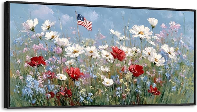 Large Framed American Flag Wildflower Wall Art for Living Room, Patriotic Flower Field Canvas Prints Paintings Artwork, Rustic Farmhouse Floral Landscape Pictures for Hallway Office Wall Decor 16"x30"