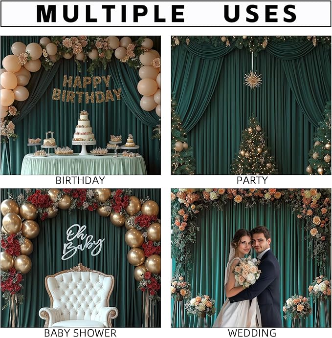 Dark Green Backdrop Curtains for Wedding Parties, 10x7FT Wrinkle Free Photo Backdrop Curtains for Wedding Birthday Party Baby Shower, Fabric Drape with Rod Pockets 5ft x 7ft, 2 Panels