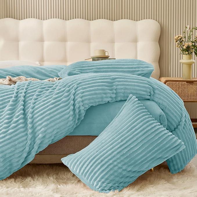 JELLYMONI Plush Duvet Cover Set - Queen Size Baby Blue Striped Fluffy Comforter Cover 3pcs Bedding Set Luxury Ultra Soft Faux Fur Duvet Cover with Zipper and 2 Pillowcases (NO Comforter)