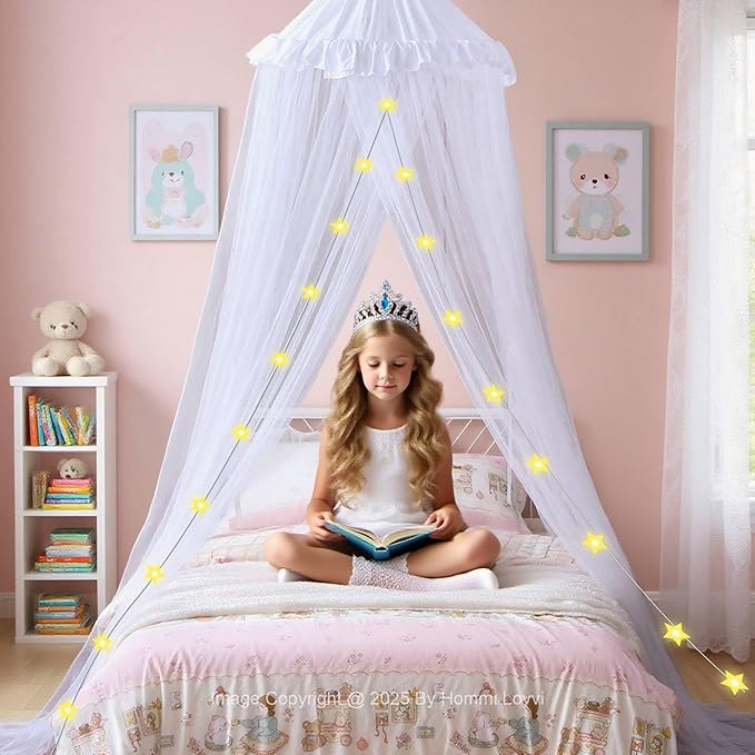 White Bed Canopy for Girls with Stars Lights, Princess Canopy Bed Curtains for Twin, Full, Queen Size Bed Hanging Canopy for Girls Room Decor, Kids Sheer Canopy Curtain
