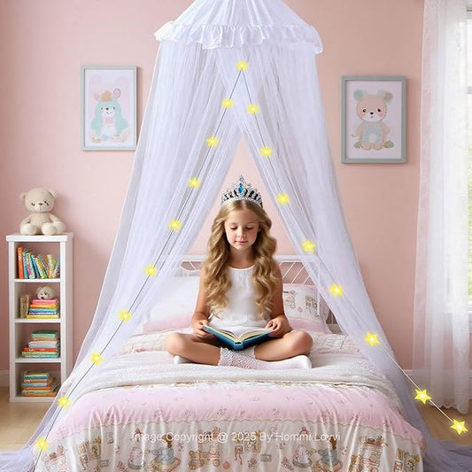 White Bed Canopy for Girls with Stars Lights, Princess Canopy Bed Curtains for Twin, Full, Queen Size Bed Hanging Canopy for Girls Room Decor, Kids Sheer Canopy Curtain