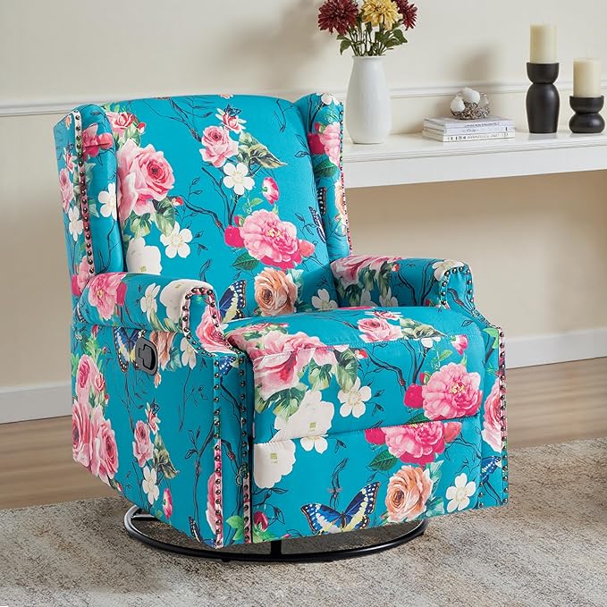 UIXE Swivel Glider Recliner Chair for Adults, High Back Nursery Rocker Floral Upholstered Armchair for Living Room, Manual Reclining Rivet Trim Sofa Lounge with Deep Seat in Fabric - Peacock Blue