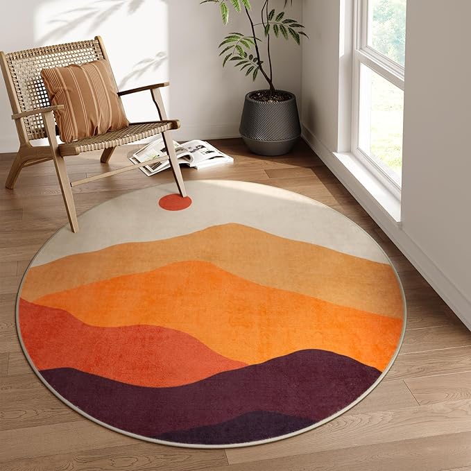 Sunset Round Rug 4ft, Orange Round Bathroom Rug Non Slip Washable Circle Rug for Entryway, Soft Circular Bedroom Rugs Abstract Throw Carpet for Living Room Dining Room