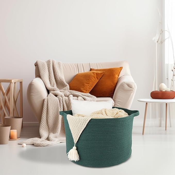 Large Cotton Rope Basket – 22"x14" Woven Storage Basket for Blankets, Toys, Laundry, and Nursery – Round Baskets for Living Room and Kids Dark Green