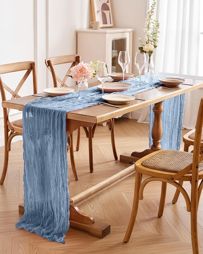 Pureegg 3-Pack Cheese Cloths Table Runner, 120'' Boho Table Cloth Decorations for Party, Baby Shower, Wedding and Farmhouse, Fabric Room Decor, Dusty Blue