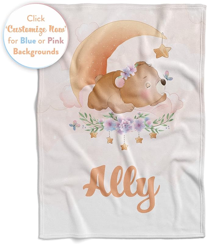 Personalized Baby Blankets with Name | Custom Bear Newborn Blanket for Baby Girl and Baby Boy | Unisex Warm Soft Fleece Swaddle Blanket Minky | (Bear, Fleece 50"x60")