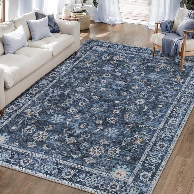 Tangsoo 5x7 Blue Area Rug for Bedroom Living Room, Washable Vintage Floral Rug Non Slip, Low Pile Stain Resistance Distressed Retro Indoor Boho Carpet for Laundry Farmhouse Dinning Room Mat Home Decor