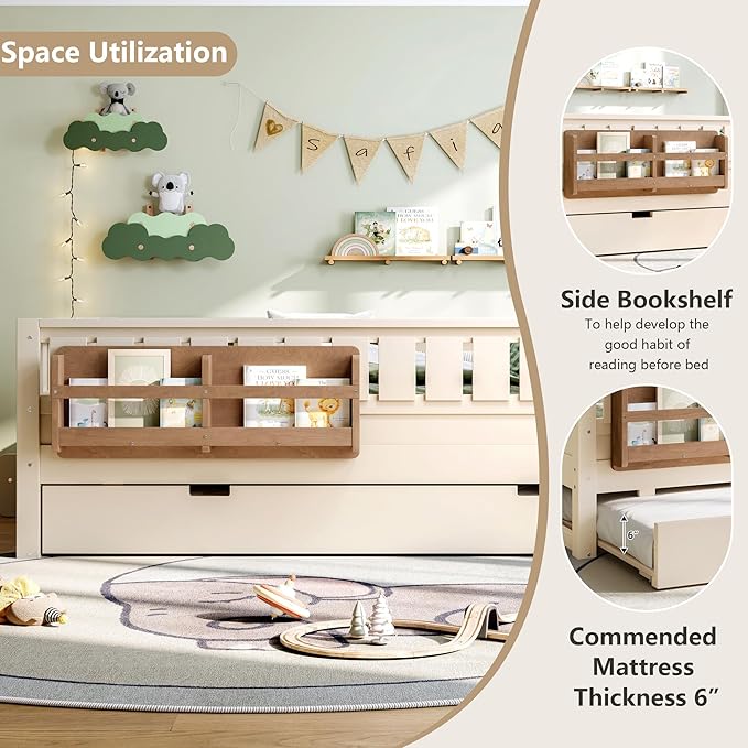 Bellemave Full Bed with Trundle and Stairs, Full Size Platform Bed Frame with Fence and Bookshelf, Easy Assemble Beds for Kids, Girls, Boys, Beige