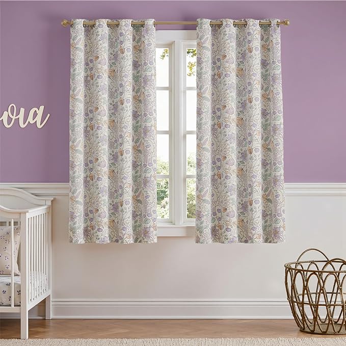 jinchan Nursery Curtains 95% Blackout Purple Floral Curtains for Girls Room, 63 Inch Length Farmhouse Drapes for Bedroom Living Room Darkening Window Treatment Grommet Top Set of 2 Panels