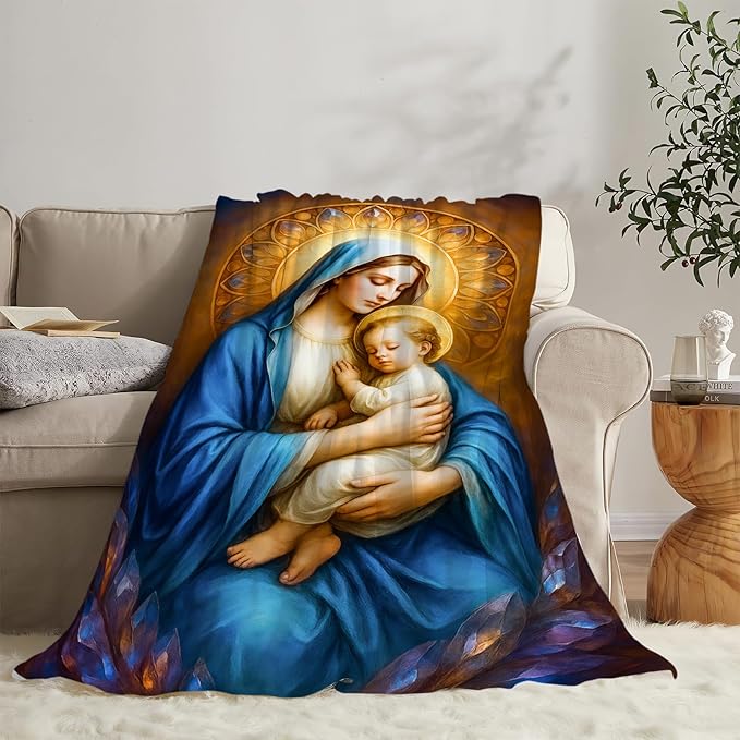 Virgin Mary Blanket Mother of God Throw Blanket Catholic Religious Soft Cozy Fleece Fuzzy Christian Stuffed Plush God Faith Flannel Gifts for Girls Women Boys Kids Adults 60"X80"