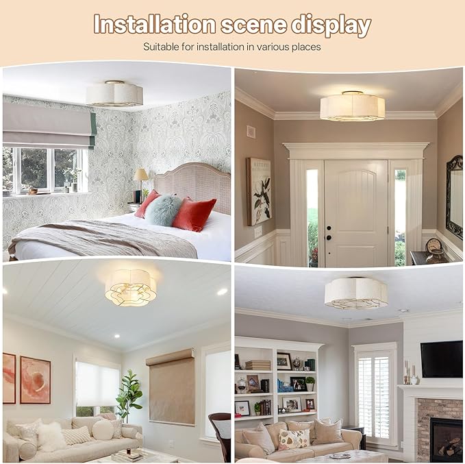 Caged Ceiling Fan with Lights, Flush Mount 20" Boho Ceiling Fans with Lights Remote Control, Low Profile Fabric Bladeless with 6 Speeds for Bedroom, Nursery, Kitchen