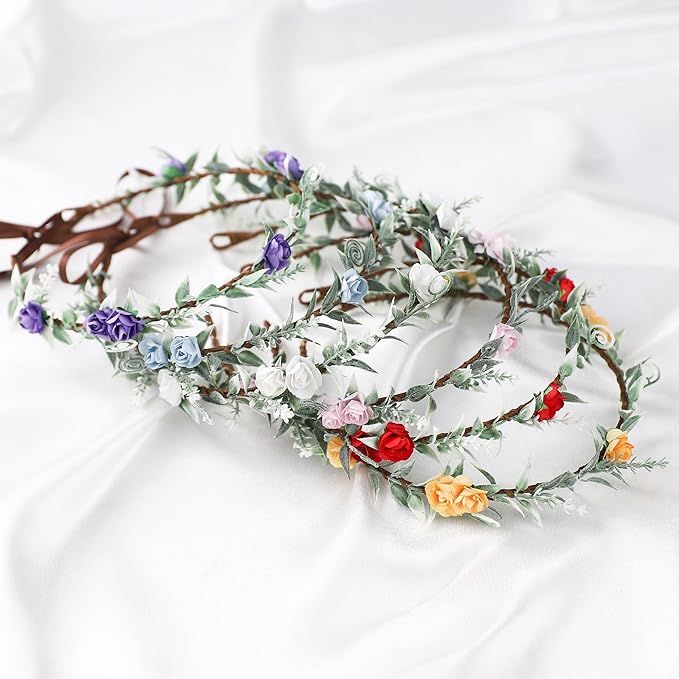 Flower Crowns for Women Girls - Handmade Fairy Wreath Renaissance Garland Bridal Cosplay DIY Halloween Christmas Maternity Shoot Vacation Photography Props Shower Blue Rose