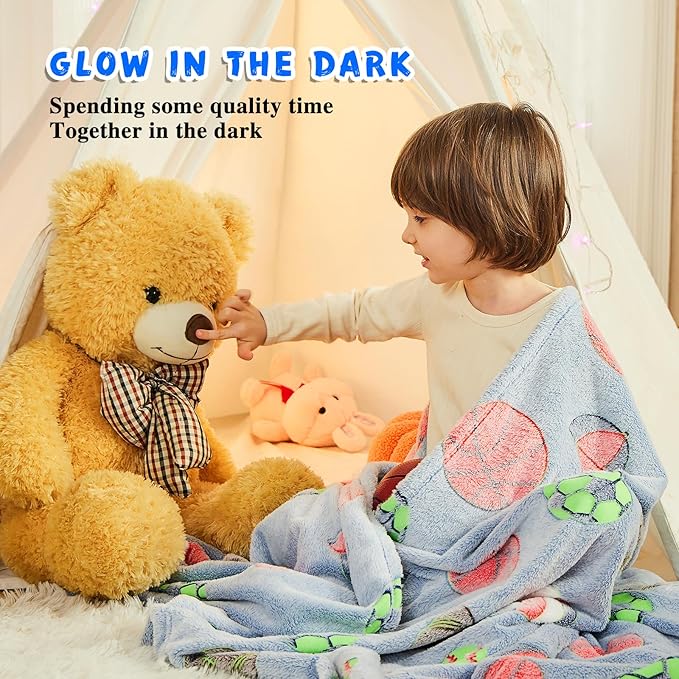 inhand Soccer Glow in The Dark Blanket Blanket Blue Soccer Gift Toys for Boys Girls Teen Soft Cozy Kids Throw Blanket Bedroom Decor,Christmas Easter Birthday Blue 40"x60"