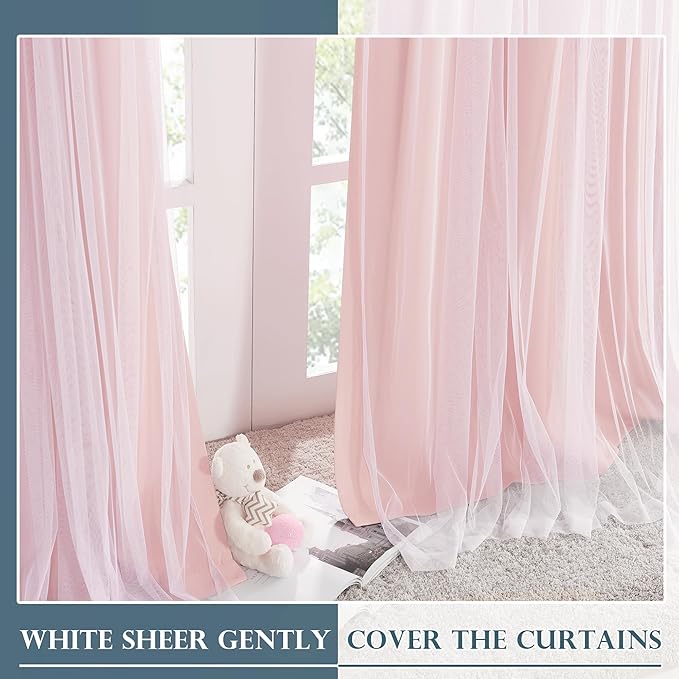 PONY DANCE Rose Blush Pink Bedroom Curtains Double-Layered Backdrop Curtains for Girls Wedding Party with Tiebacks White Sheer Drapes 84 inches Long, Light Blocking for Living Room Windows, 2 PCs