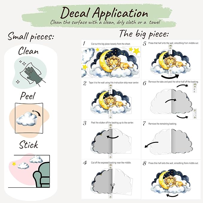 Boho Nursery Wall Decals - Dreamy Watercolor Kitten Sleeping on Cloud | Multi-Piece Set with Clouds, Moon & Stars | Removable Fabric Wall Art for Kids Room