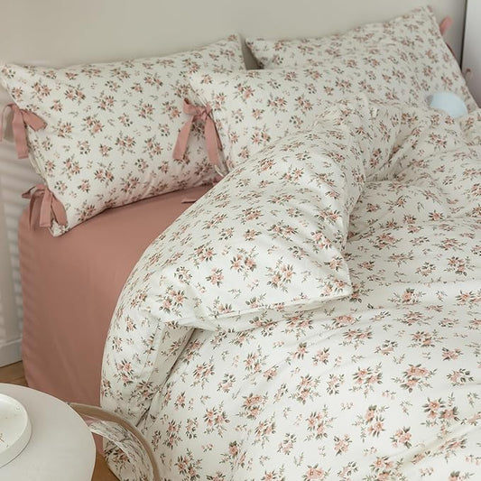 Pink Floral Duvet Cover Set Queen Vintage Style Cozy Cotton Soft Comforter Cover Queen 3 Piece for Girl Teen,Room Decor Boho Flowers Bedding Duvet Cover with 2 Pillowcases with Bow Ties