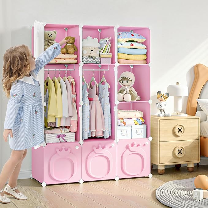 MAGINELS Kids Wardrobe Closet,Baby Closet Cabinet with Door.Baby Girls Armoires Organizer for Bedroom.Two Open Hanging Children Costume Area and 8 Cube Stroage.Pink(42x14x56inch)