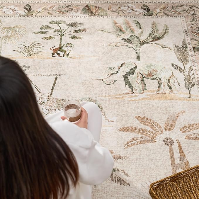 jinchan 2x3 Beige Jungle Rug for Entryway, Washable Throw Rug Animals Print Kitchen Mat, Indoor Doormat Ultra-Thin Low-Pile Non-Slip Soft Botanical Carpet for Bedroom Bathroom Entrance (2'x3', Beige)