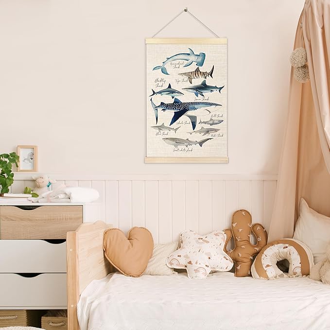Ecezatik Species of Sharks Wall Art with Wooden Poster Hanger, Shark Posters, Beach Room Decor, Ocean Room Decor, Shark Wall Art Decor for for Classroom Nursery Kids Room Playroom, 16x24 Inch