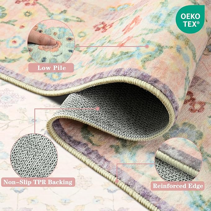 Pink Rugs for Living Room, 8x10 Washable Floral Area Rug for Bedroom, Soft Non Slip Indoor Low Pile Carpet for Kitchen Dining Room, Large Boho Throw Carpets for Nursery Office Dorm Playroom Home Decor