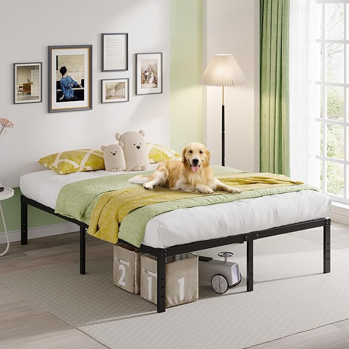 EMODA 18 Inch Tall Full Size Bed Frame with Large Storage Space, Easy Assembly Heavy Duty Metal Platform No Box Spring Needed, Noise Free, Black