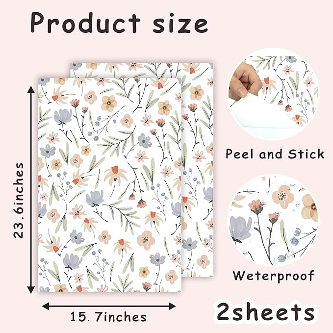 Boho Floral Wallpaper Wildflower Wall Paper Small Flower Wall Stickers Decor Botanical Floral Leaf Decals Peel and Stick Cute Flower Wallpaper for Kid Baby Room Girl Bedroom Decor