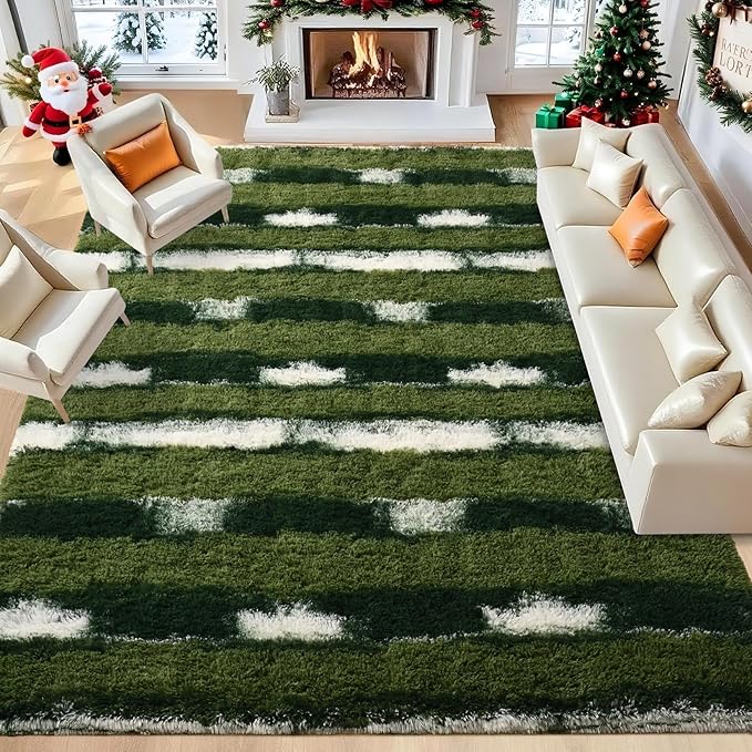 8x10 Feet Area Rugs for Living Room Bedroom,Green and White Machine Washable Soft Fluffy Shaggy Indoor Rug, Floor Carpet for Girls Boys Kids, Dorms, Nursery Rooms, Home Decor Aesthetic