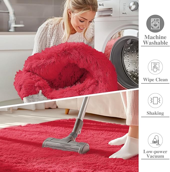 OLANLY 2x6 Machine Washable Runner Rugs for Hallway, Soft Fluffy Shaggy Bedside Rugs for Bedroom, Living Room, Indoor Floor Carpet for Kids Girls and Boys, Nursery Rooms, Home Decor Aesthetic, Red