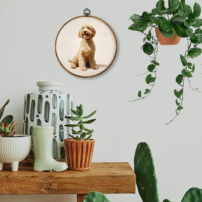 Hiuwevt Vintage Goldendoodle Dog Round Wall Art Decor, Golden Doodle Gifts Framed Canvas Prints, Rustic Neutral Dog Round Wall Hanging Decor for Home Bedroom Living Room Decorations, 10x10 Inches