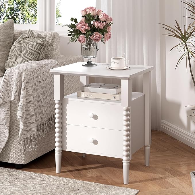 White Nightstand, Vintage Night Stand with Charging Station, Modern Bedside Table with Drawers, End Table with Solid Wood Legs, Bed Side Tables for Bedroom, White